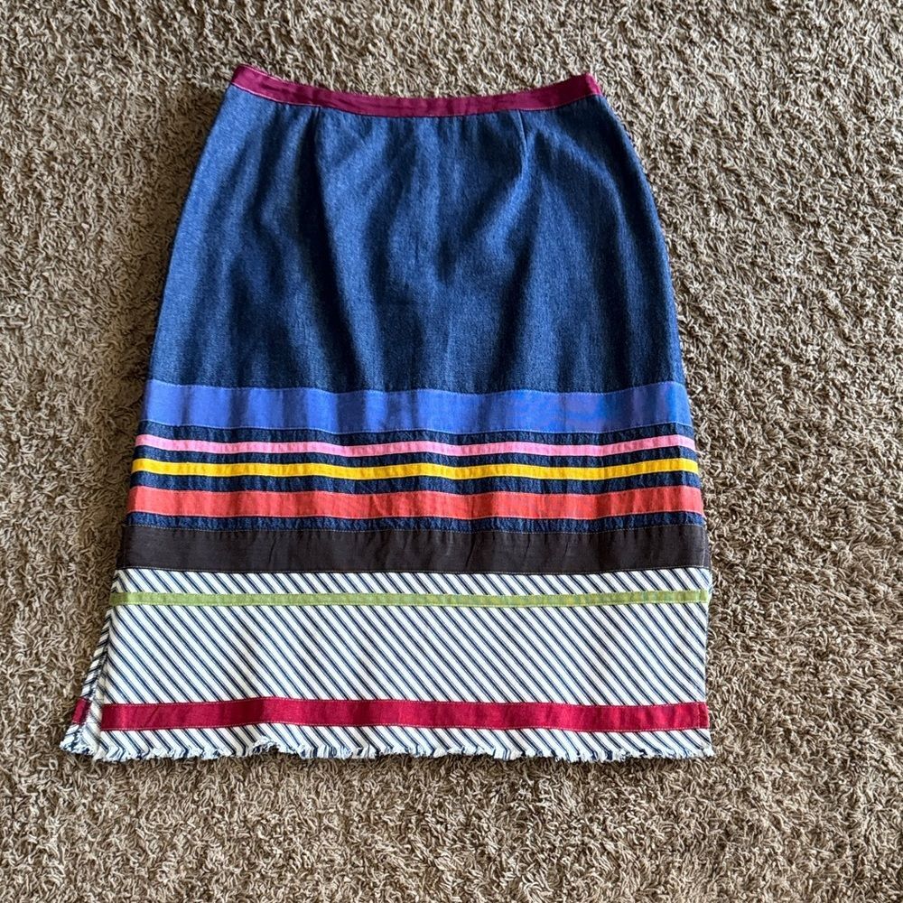 Neesh by D.A.R Colorful Ribbon Striped Denim Pencil Skirt size S Cottagecore